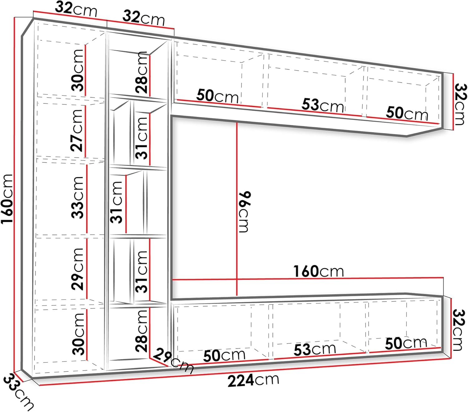 Mirjan24 Wohnwand Kodita, Anbauwand, Fernsehschrank, Schrankwand, Mediawand, Wandregal, Schrank, TV-Lowboard (Grau/Eiche Artisan)