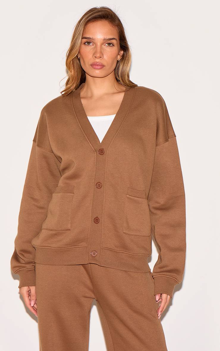 Taupe Cardigan En Molleton Avec Poches Et Boutonnage Devant