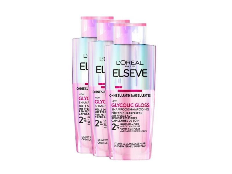L'Oréal Elsève Shampoo Glycolic Gloss 3 x 200 ml Haarshampoo verbessert die Haarqualität und versiegelt das Haar mit Glanz