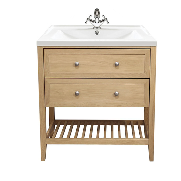 Meuble sous vasque à poser 2 tiroirs GoodHome Perma chêne 80 cm + Plan vasque blanc GoodHome Lana