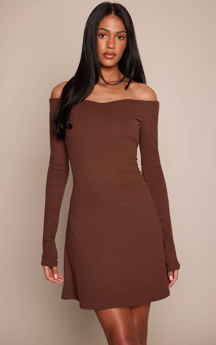 Chocolat Robe Droite À Manches Longues Et Col En V En Tissu Doux Pour Femmes Grandes Tailles