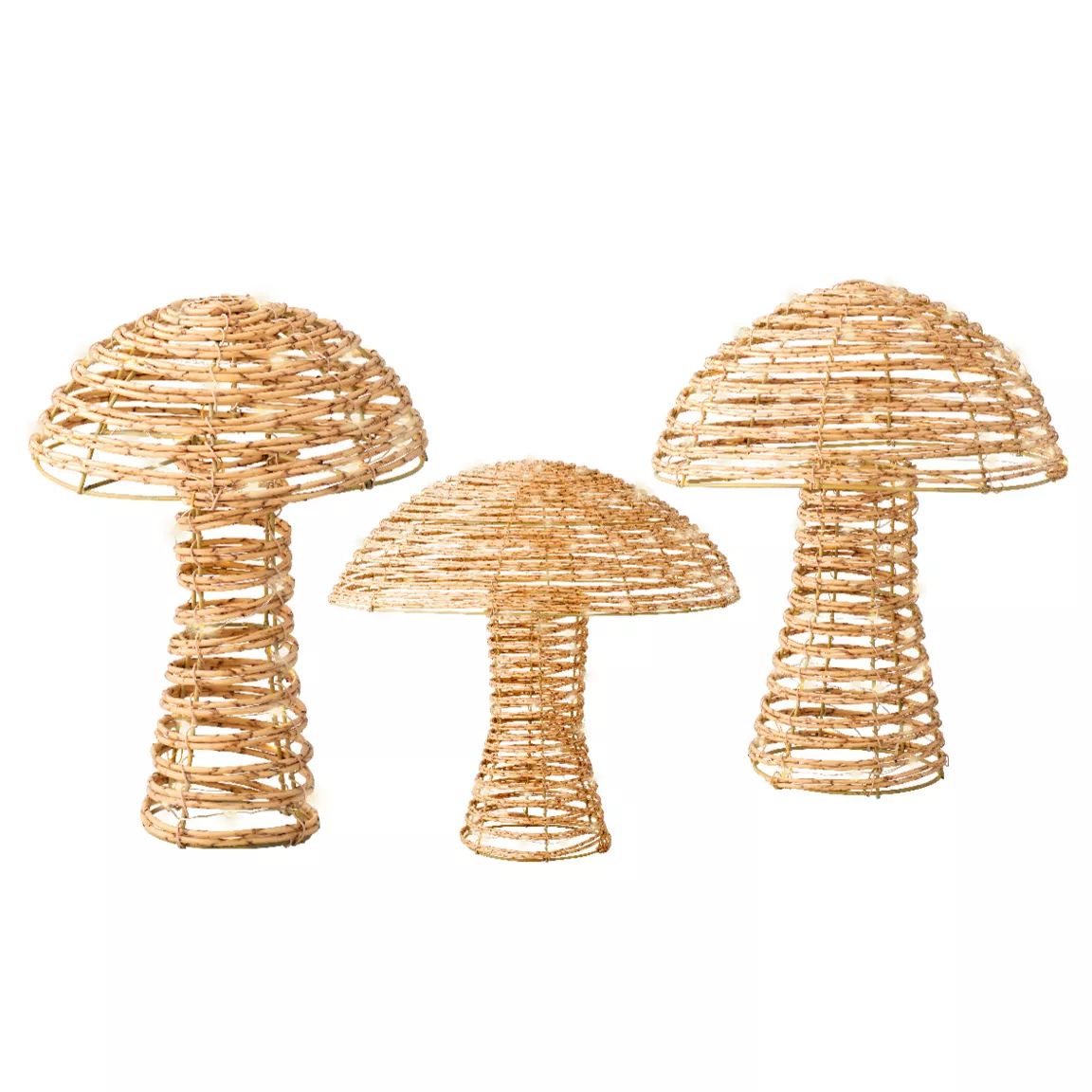 Lot de 3 champignons lumineux 270 Micro LED (H45 cm) Résine tressée Naturel/Blanc chaud