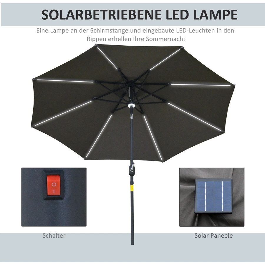 Outsunny Sonnenschirm mit LED Leuchten Schwarz, Dunkelgrau