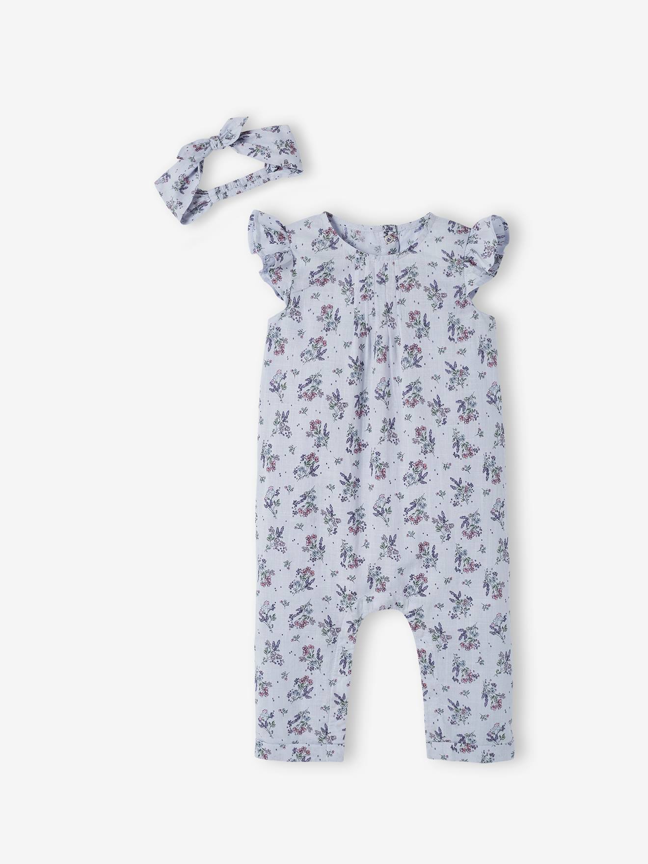 Conjunto de macacão e faixa de cabelo estampados para bebê menina, estampa verde média.