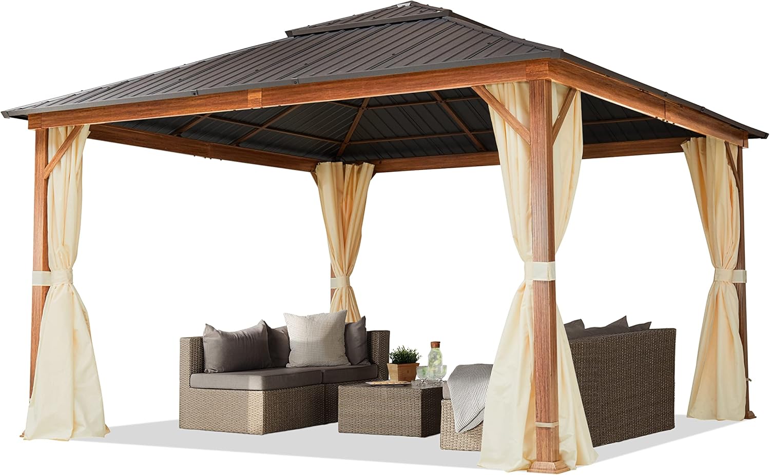 TOOLPORT Gartenpavillon 4x4 m Holzoptik, Stahldach Hardtop 4 Seitenteile in Champagner