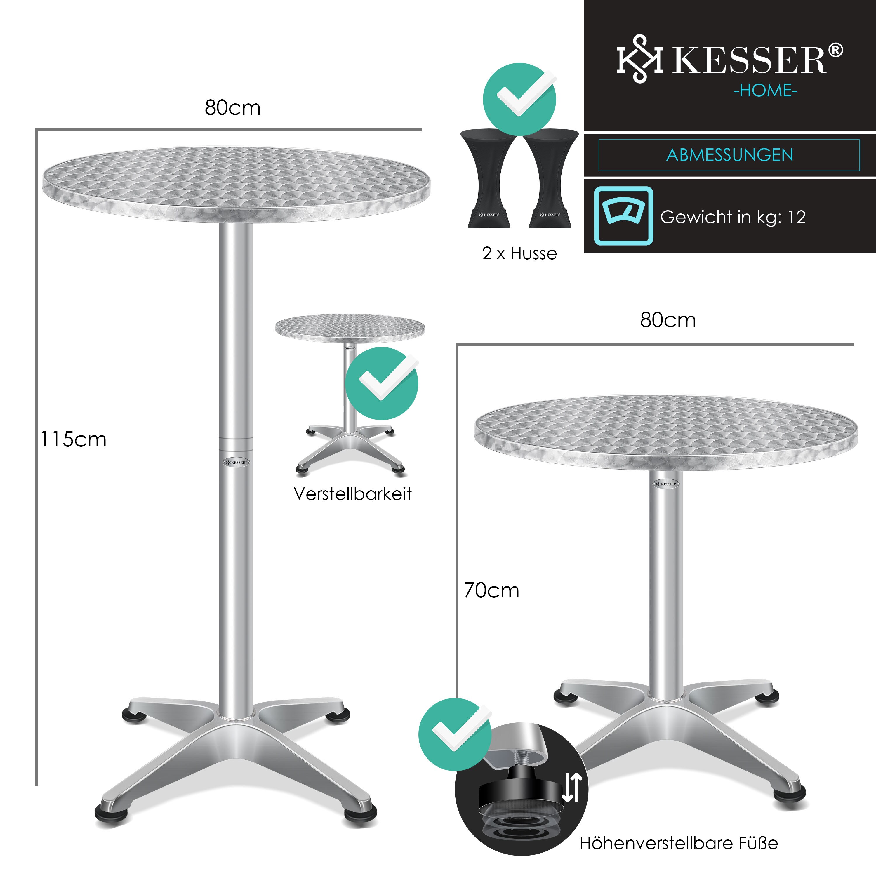 KESSER® 2in1 Stehtisch Bistrotisch Aluminium Edelstahlplatte | höhenverstellbar | 70cm / 115cm | Partytisch Tisch | In- & Outdoor | Hochzeit | Empfangstisch | 4 Standfüße und Regencover