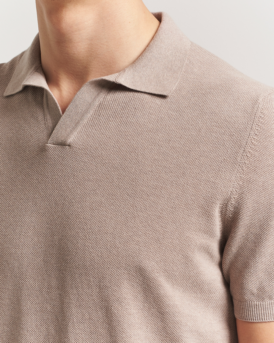 Gran Sasso Cotton Structured Knitted Open Collar Polo Beige