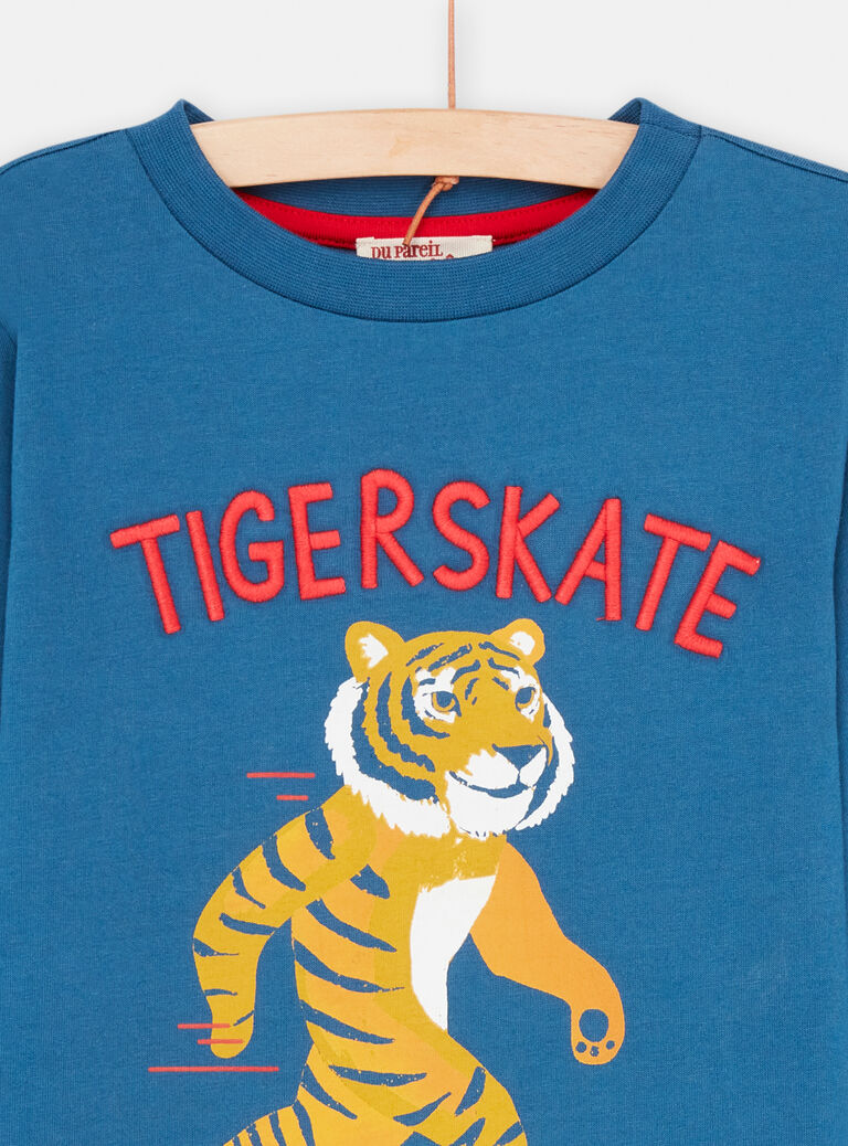 T-shirt bleu à motif tigre skateur garçon