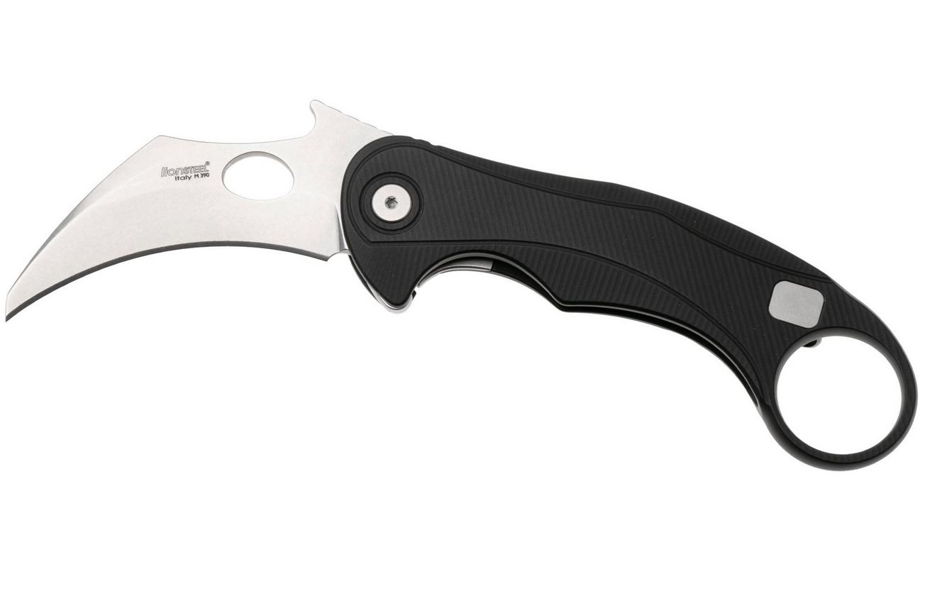LionSteel L.E.One Mid LE2-BS, Stonewashed M390, Black Aluminum, karambit zakmes
