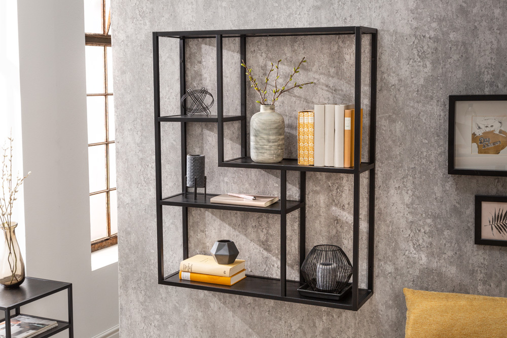 Industrial Wandregal SLIM LINE 90cm Esche schwarz fünf Regalböden