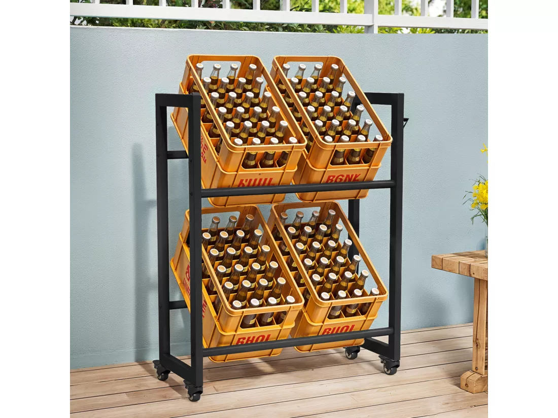 Support pour 4 caisses de Bouteilles YITAHOME - avec Roulettes - Noir - Étagère de Bouteilles - 75 x 90 x 32 cm