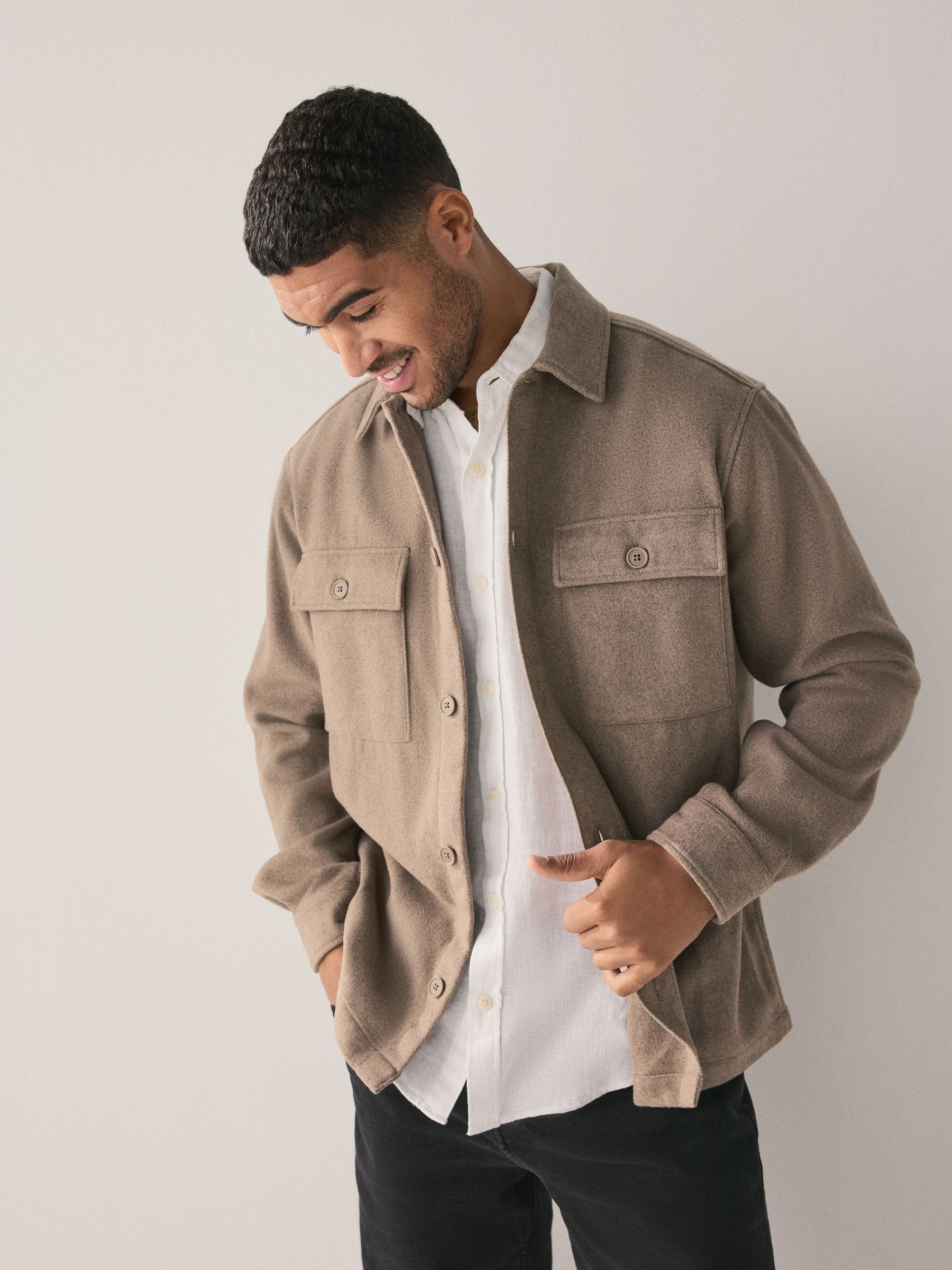 Neutraal - Overshirt met twee zakken en wol