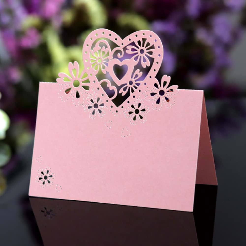 (50er Set) 6x9cm Papier Tischkarten Hochzeits Deko Herz Namens Platzkarten - Rosa