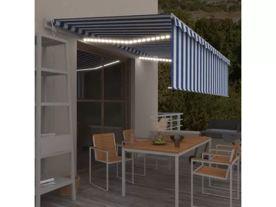 Auvent automatique store capteur de vent/LED 5x3m Bleu et blanc