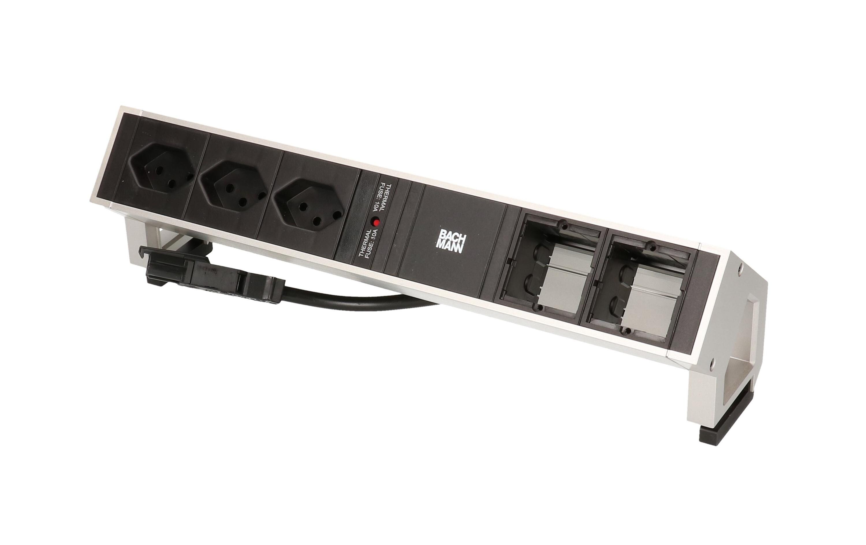 Tischsteckdosenleiste DESK 2 3x T13, 2x ABD<br>Steckdosenleiste, 2x T13 Buchsen 90°, 1x Custom, lackiert in RAL 9010 Silber