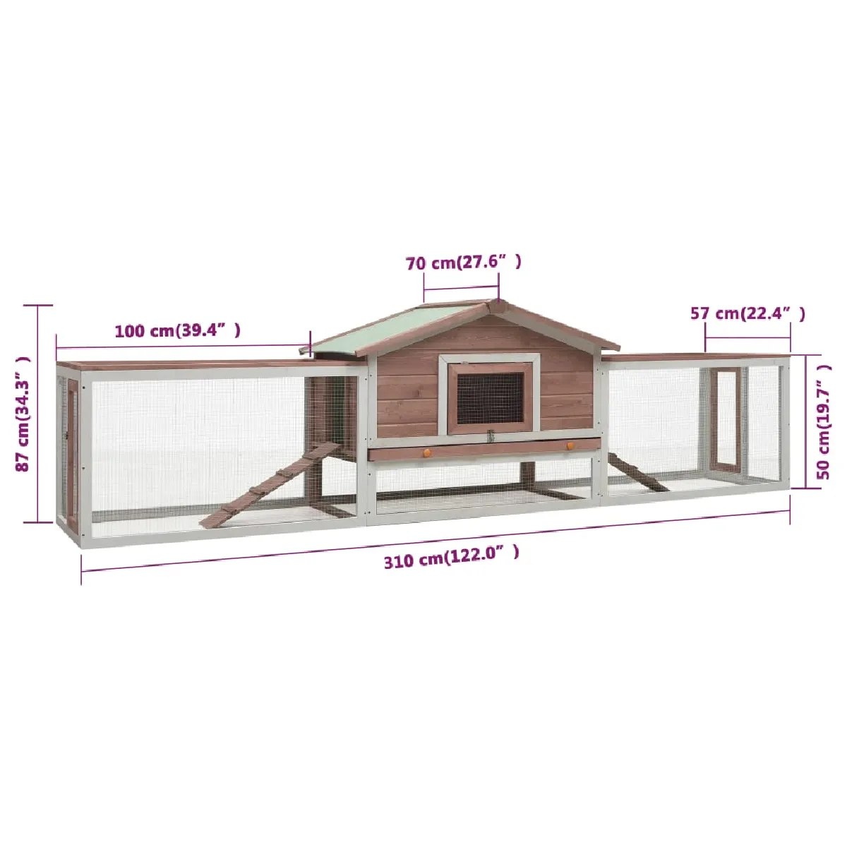 vidaXL Clapier Moka - 310x70x87 cm