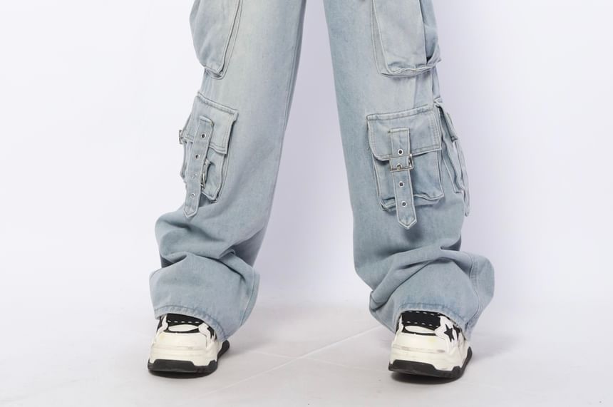 AXEN - Mid Rise Washed Buckled Wide Leg Cargo Jeans