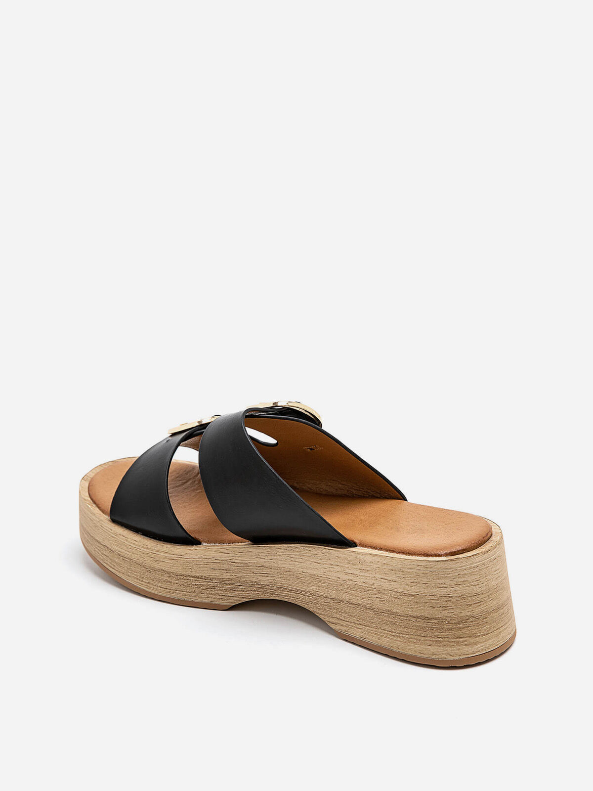Mules à brides et plateforme en bois- Noir