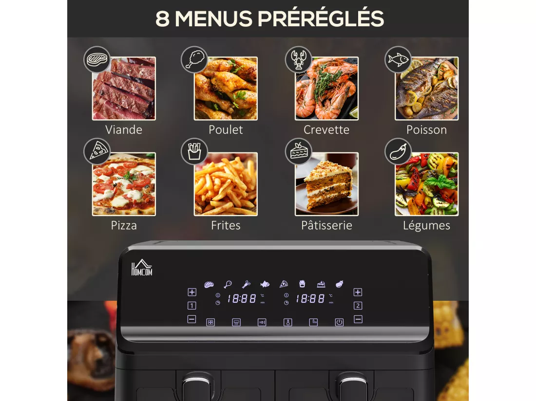 Friteuse à air 2 paniers 2500W 8L - air fryer multifonction 8 programmes - température réglable - timer 60 min. - noir
