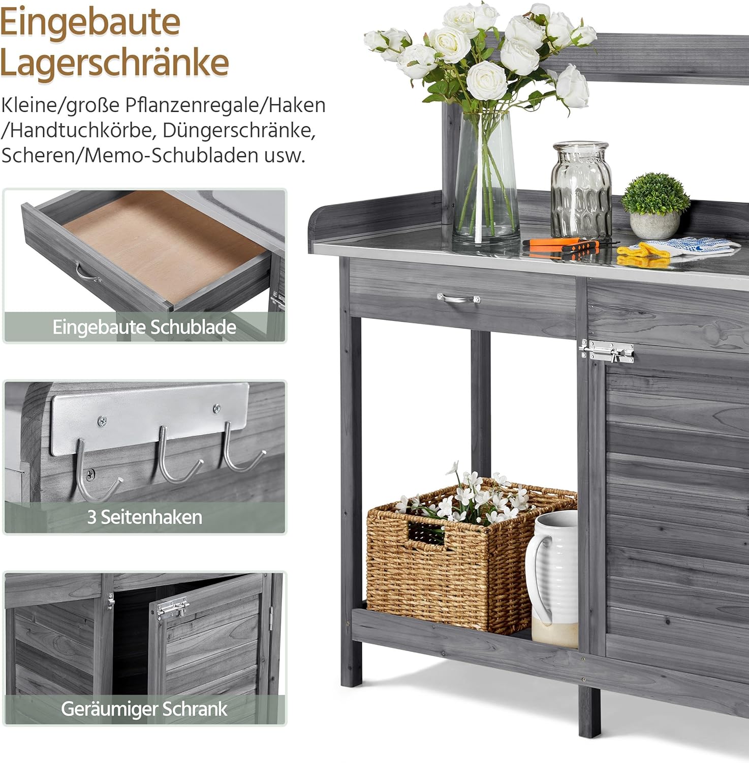 Yaheetech Pflanztisch mit verzinkter Arbeitsplatte, Wetterfest Gärtnertisch Blumentisch Holzpflanztisch mit Unterschrank, Ablagefläche und Schublade für den Garten/Terrasse/Balkon, Grau