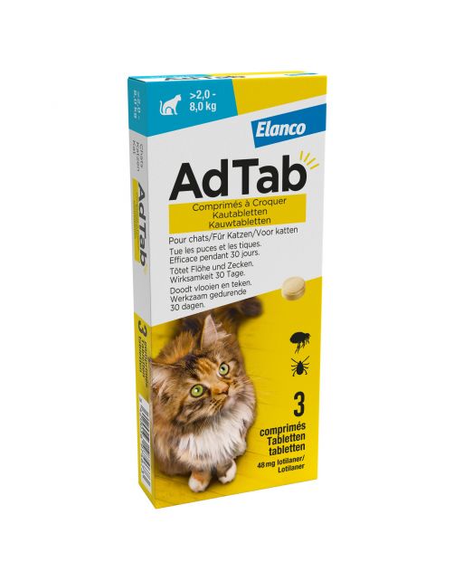 Adtab Kauwtablet Voor Katten - Anti vlooien en tekenmiddel - 3 tab >2.0 - 8.0 Kg