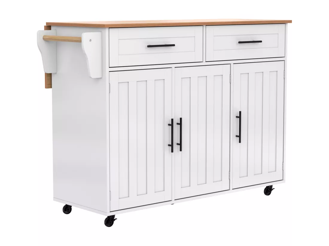 Desserte de cuisine 129x46x91.5cm, chariot de salle à manger, plan de travail pliable, armoire de rangement, blanc