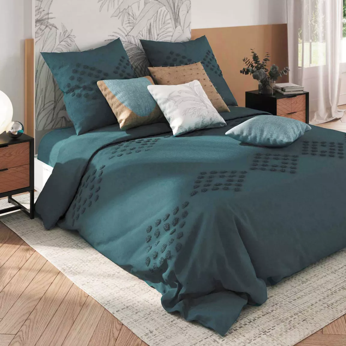 Housse de couette et deux taies coton lavé (260 x 240 cm) Moura Bleu canard