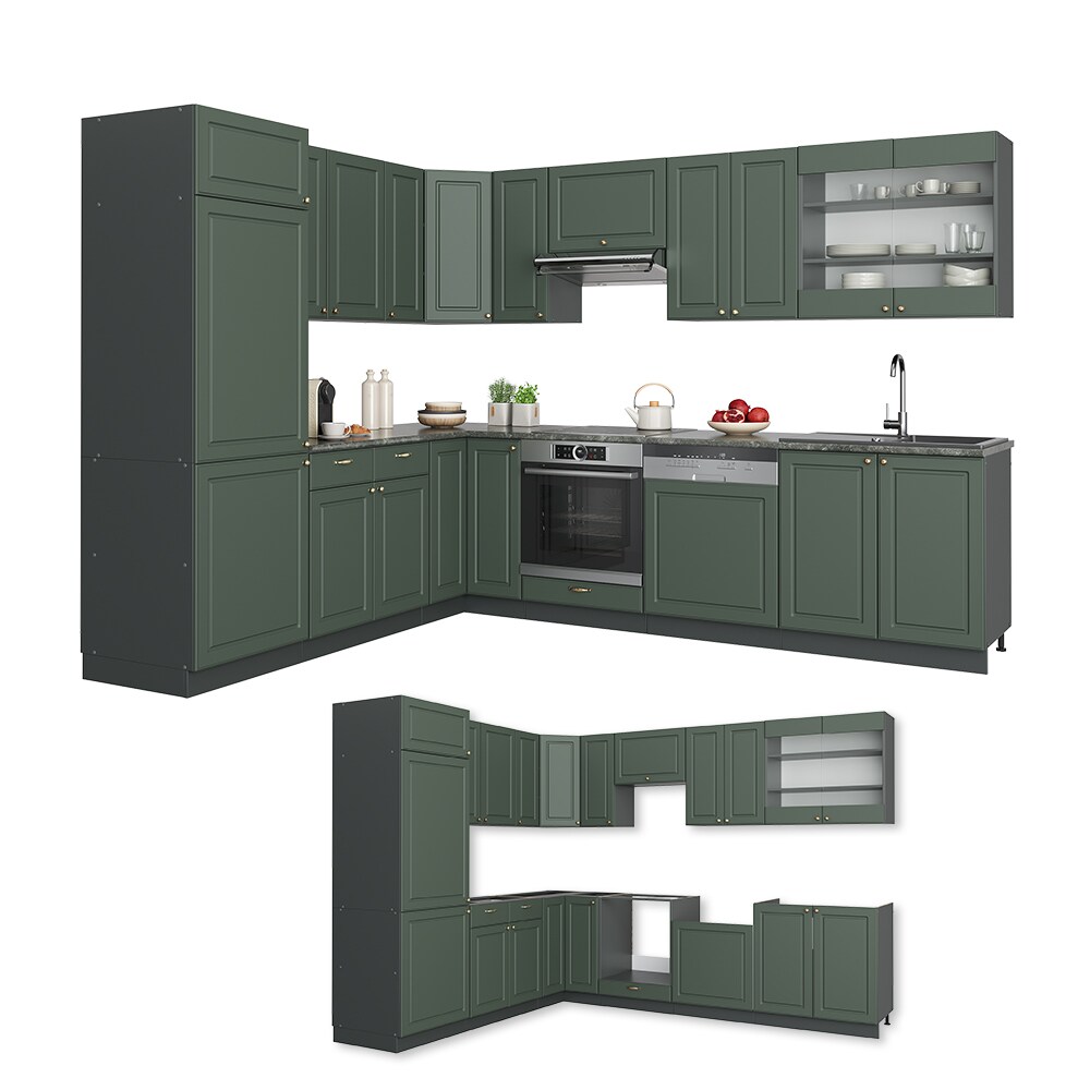Vicco Eckküche Küchenzeile Einbauküche Fame-Line Landhaus Anthrazit Grün Gold227x287 cm Spülenunterschrank Schubunterschrank Eckunterschrank Herdumbauschrank Hängeschrank Kühlumbauschrank