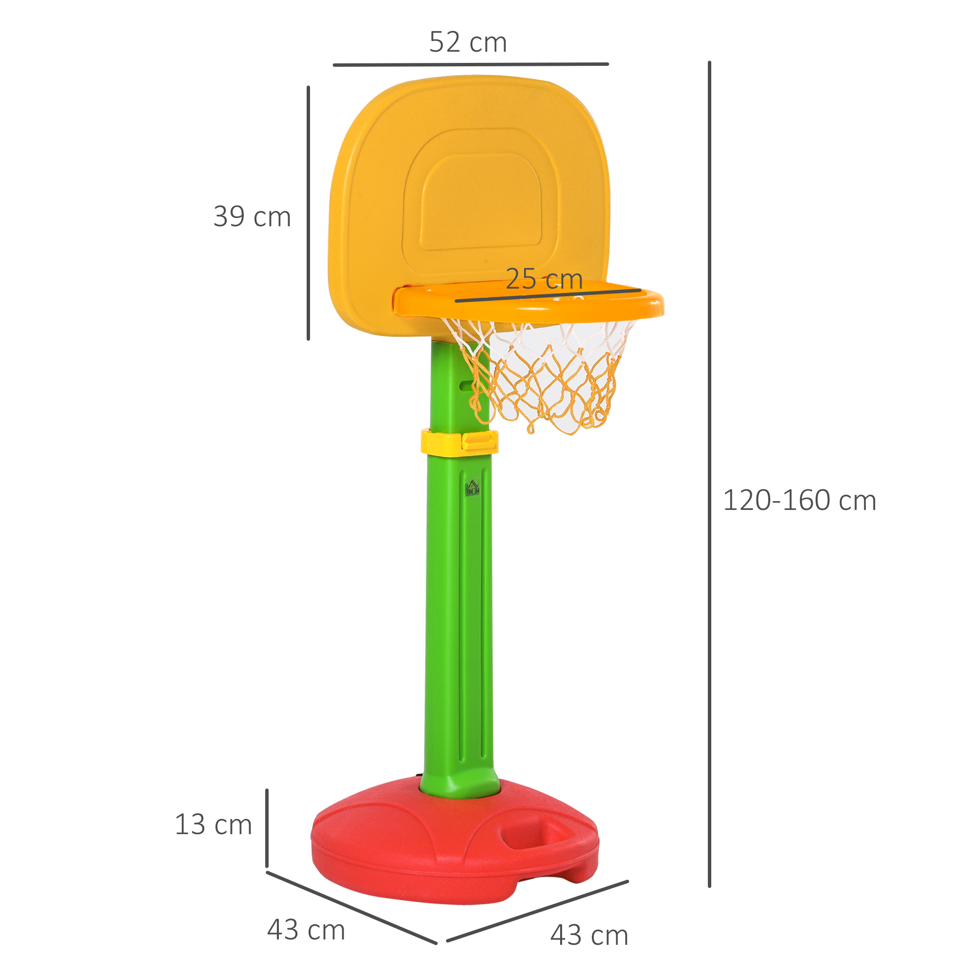 Cesta de basquete infantil multicolorida HOMCOM com altura ajustável para crianças.