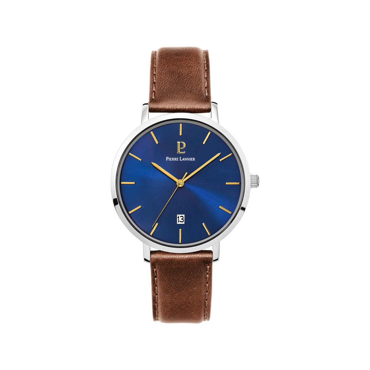 Montre Pierre Lannier homme acier bracelet cuir marron