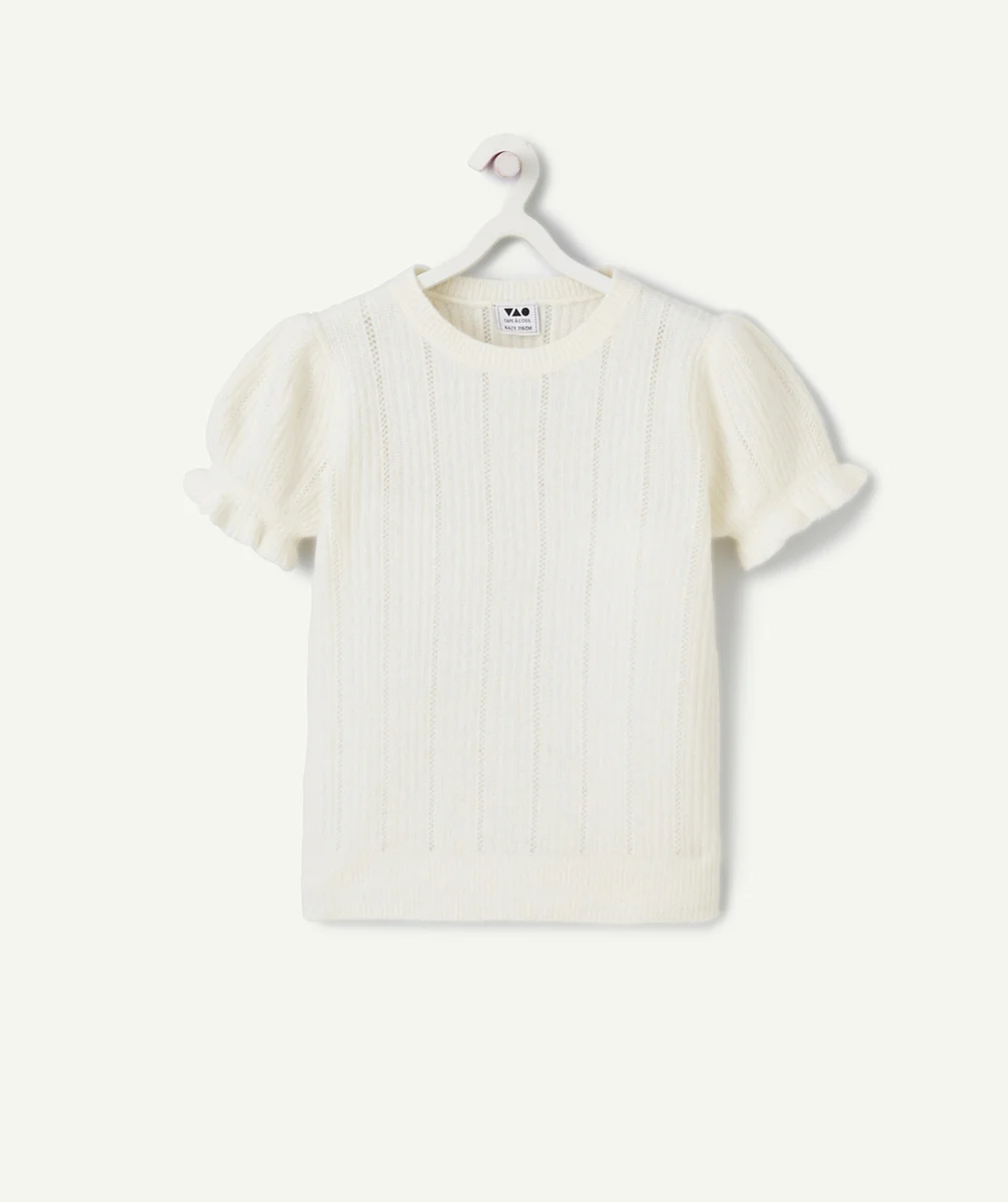 PULL AJOURÉ MANCHES COURTES FILLE EN FIBRES RECYCLÉES ÉCRU