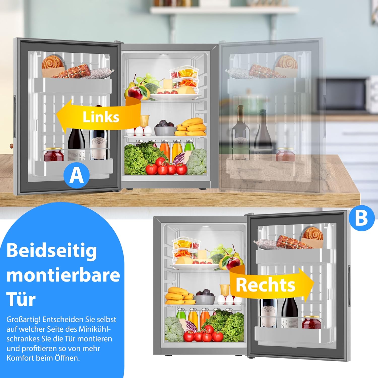 KESSER® Mini réfrigérateur avec Serrure, Mini Bar de 40 l, Silencieux, 22 DB, verrouillable, Chambre à Coucher, butée de Porte Amovible, env. 4 à 16 °C, Hauteur 57 cm, éclairage intérieur