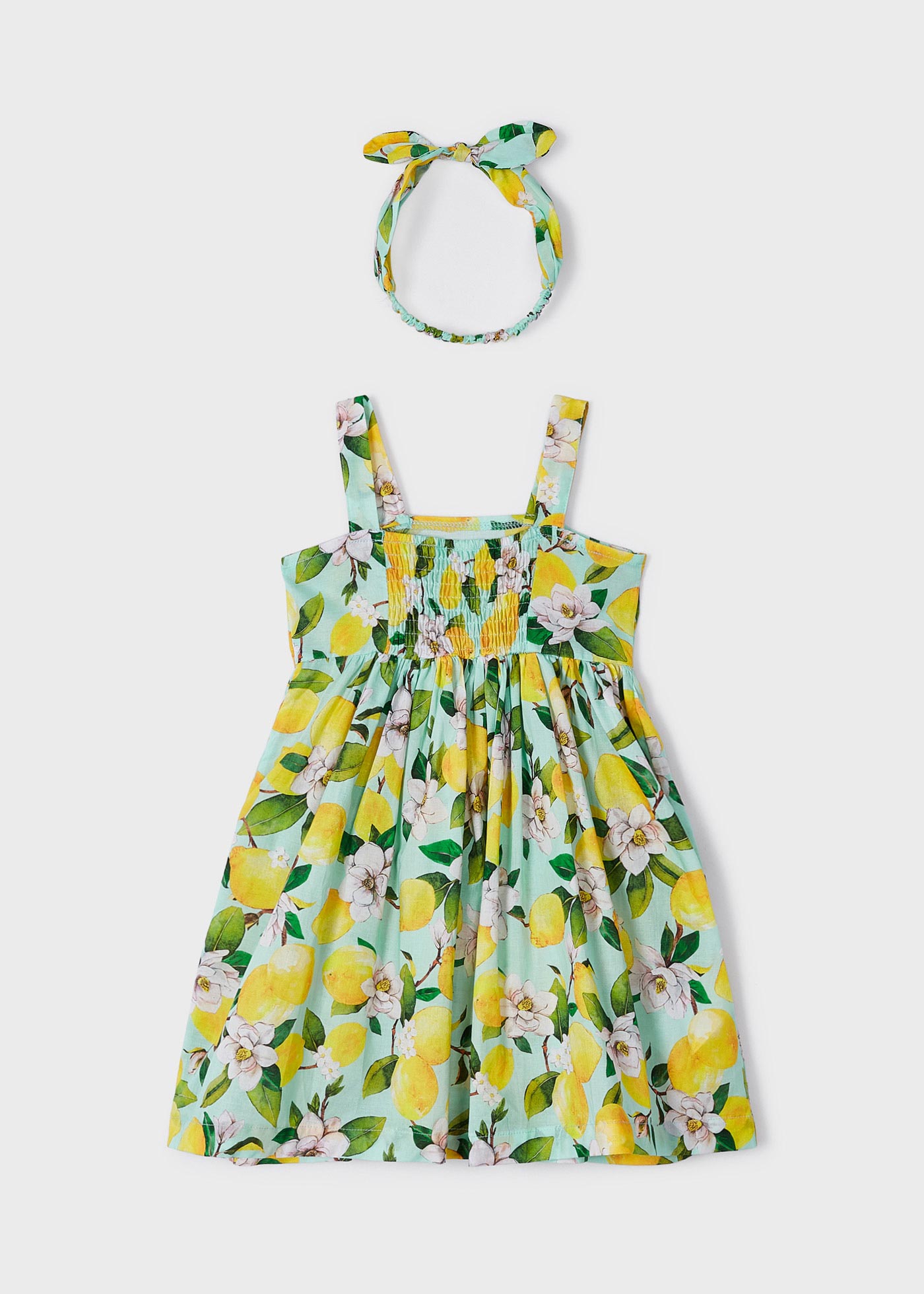 Vestido estampado com faixa de cabelo elástica de algodão para meninas