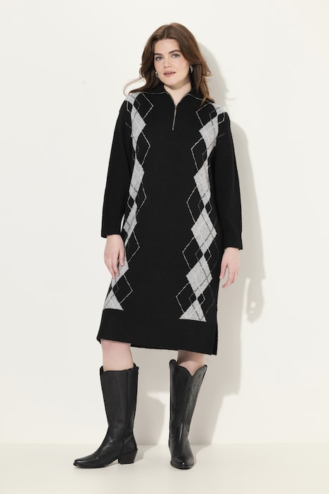 Strickkleid, Argyle-Muster, Troyerkragen, Langarm