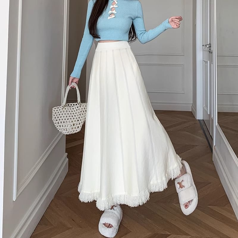 staybabes - Hoge taille effen franje gebreide maxi A-lijn rok