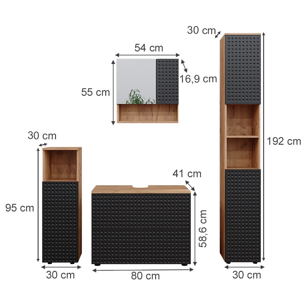 Vicco Badmöbel-Set Irma Eiche Anthrazit 4-teilig Hochschrank Midischrank 95 cm