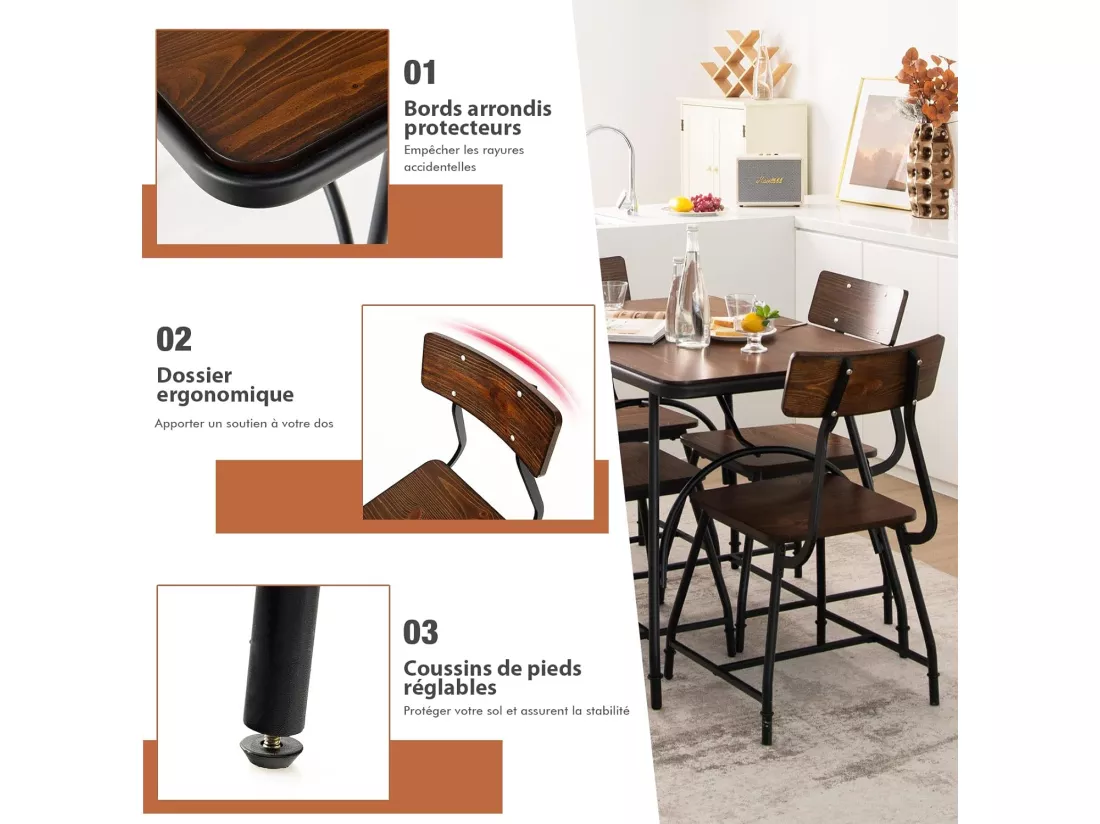 Ensemble de Table à Manger 5 Pièces, Table de Cuisine Rectangulaire et 4 Chaises pour 4 Personnes, avec Structure en Métal, pour Cuisine, Coin Repas, Restaurant, Marron (1 Table+4 Chaises)