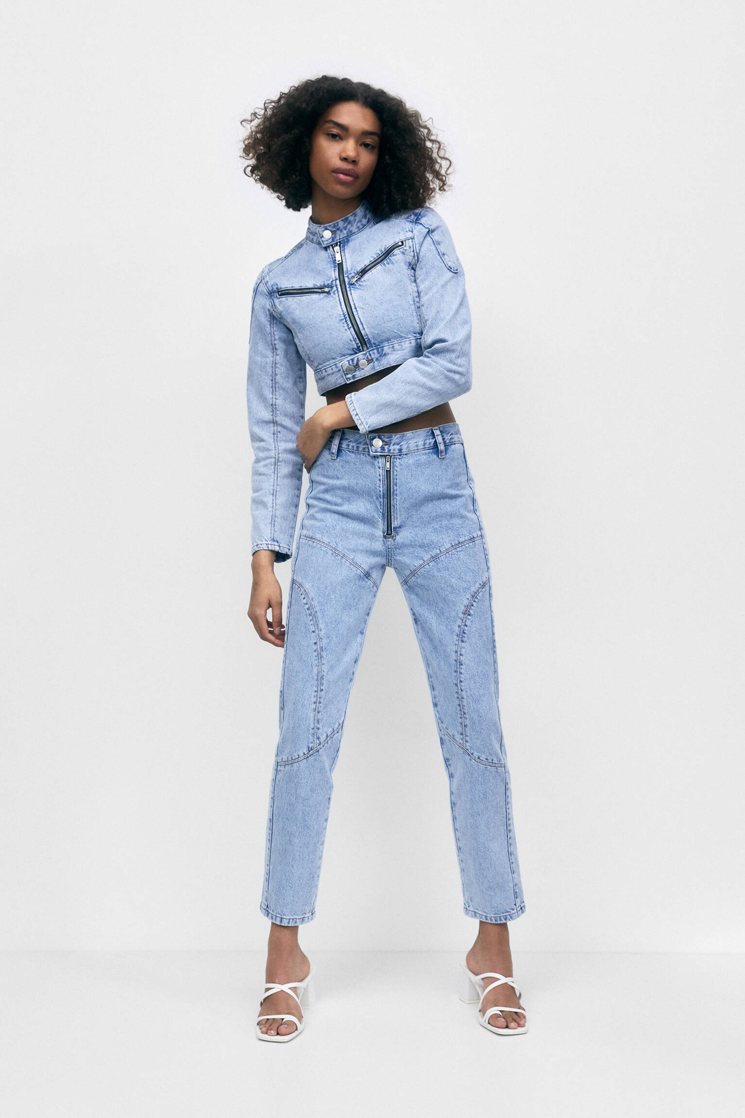 Calça jeans de corrida de cintura alta e perna reta - azul claro