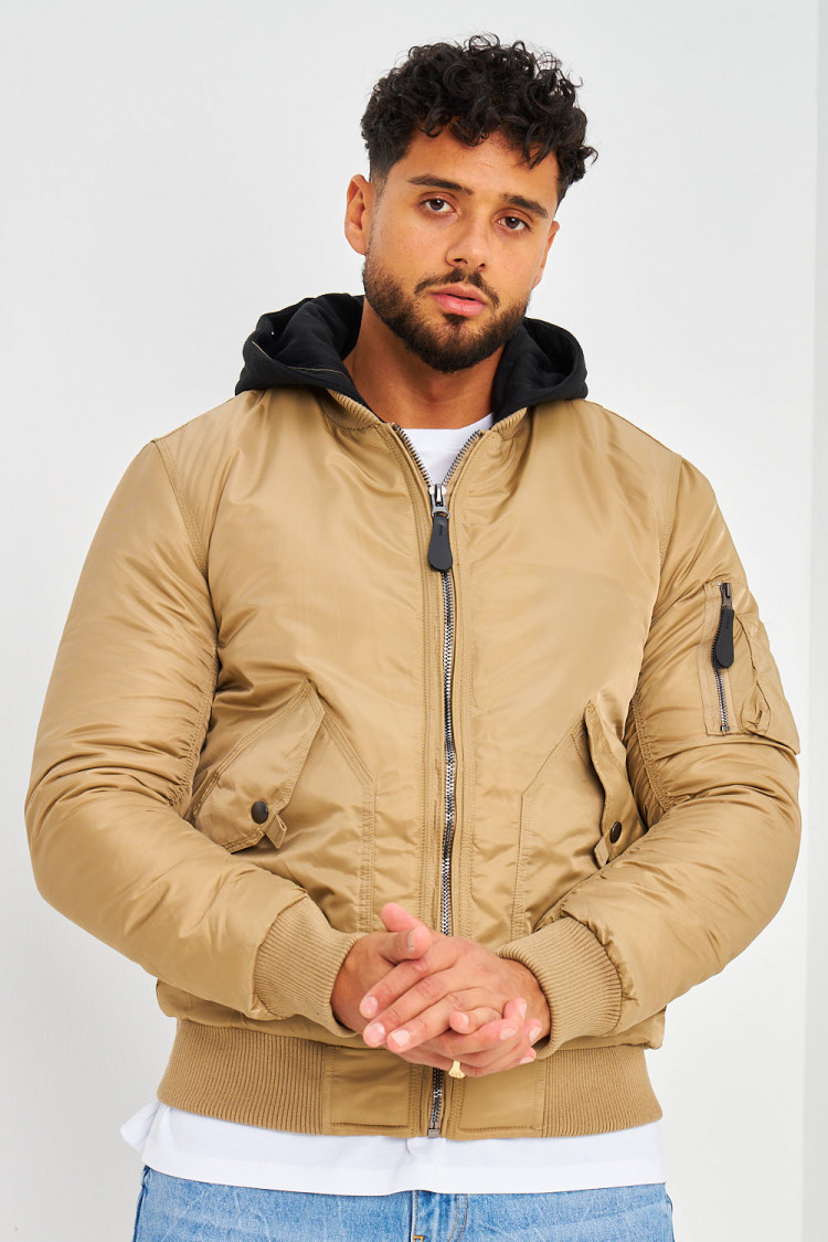 Bomber épais beige foncé avec capuche noire en coton amovible
