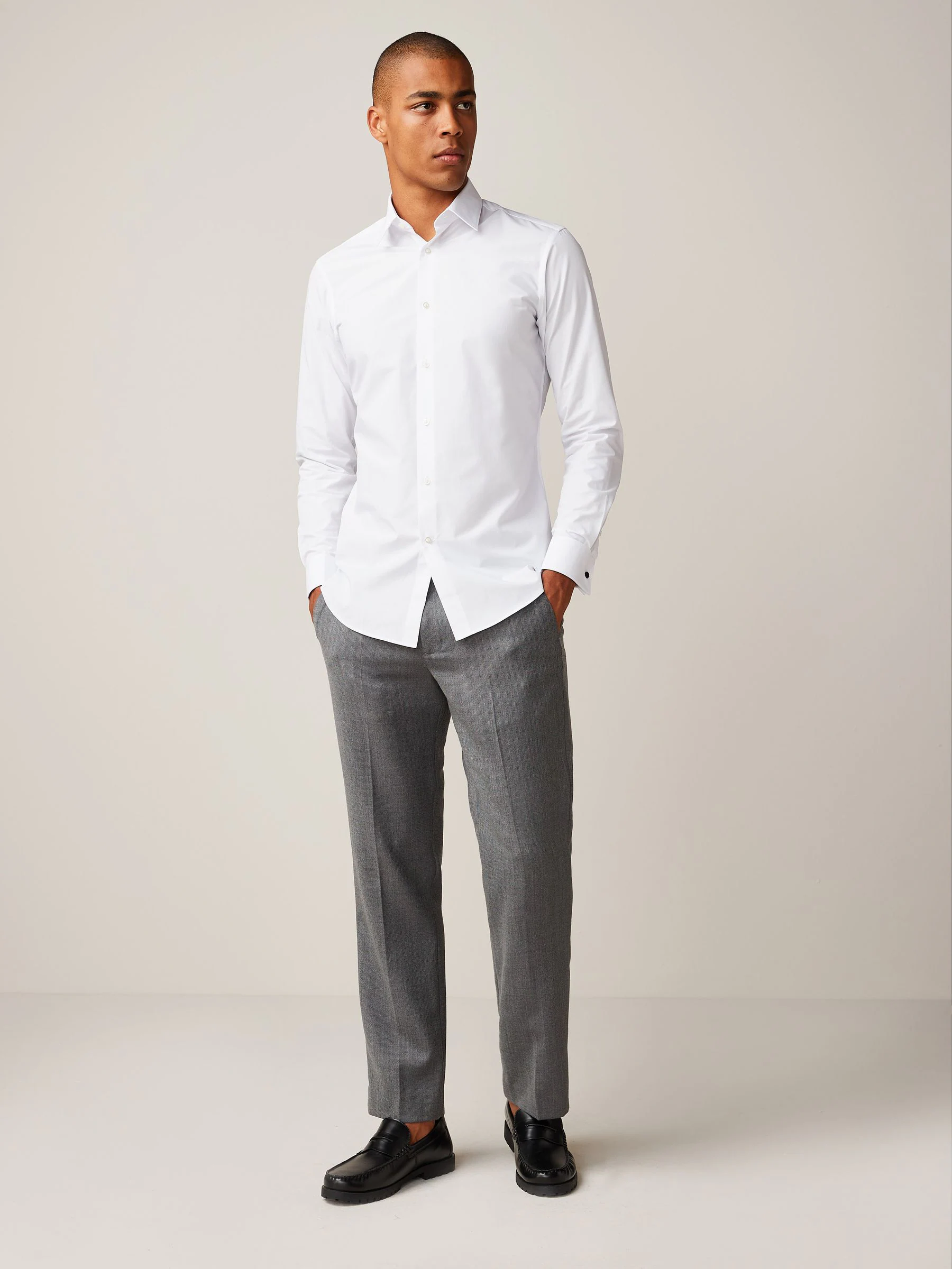 Wit - Slim Fit - Strijkvrij net overhemd met dubbele manchet