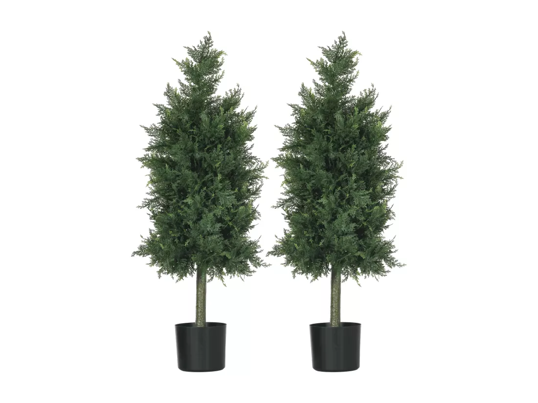 Lot de 2 plantes artificielles sapins cèdre H. 90 cm grand réalisme pot inclus