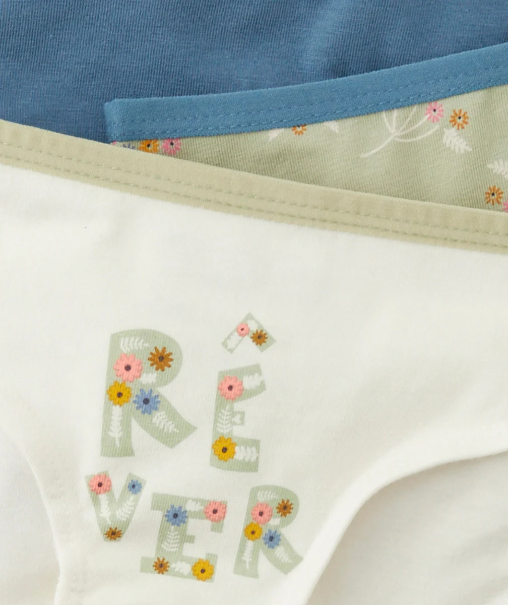LOT DE 5 CULOTTES EN COTON BIO MOTIFS FLEURI VERT ET ÉCRU