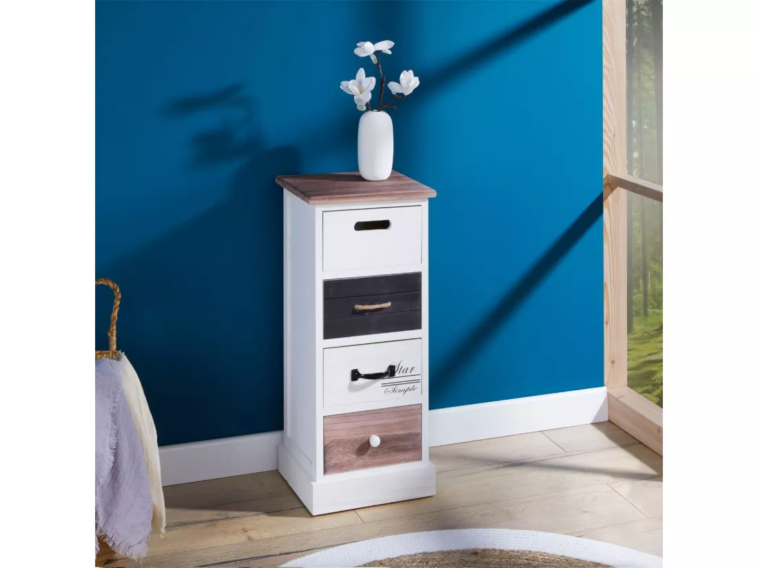 Chiffonnier LAGUNA étagère de rangement avec 4 tiroirs en bois de paulownia style shabby chic vintage rustique blanc brun noir