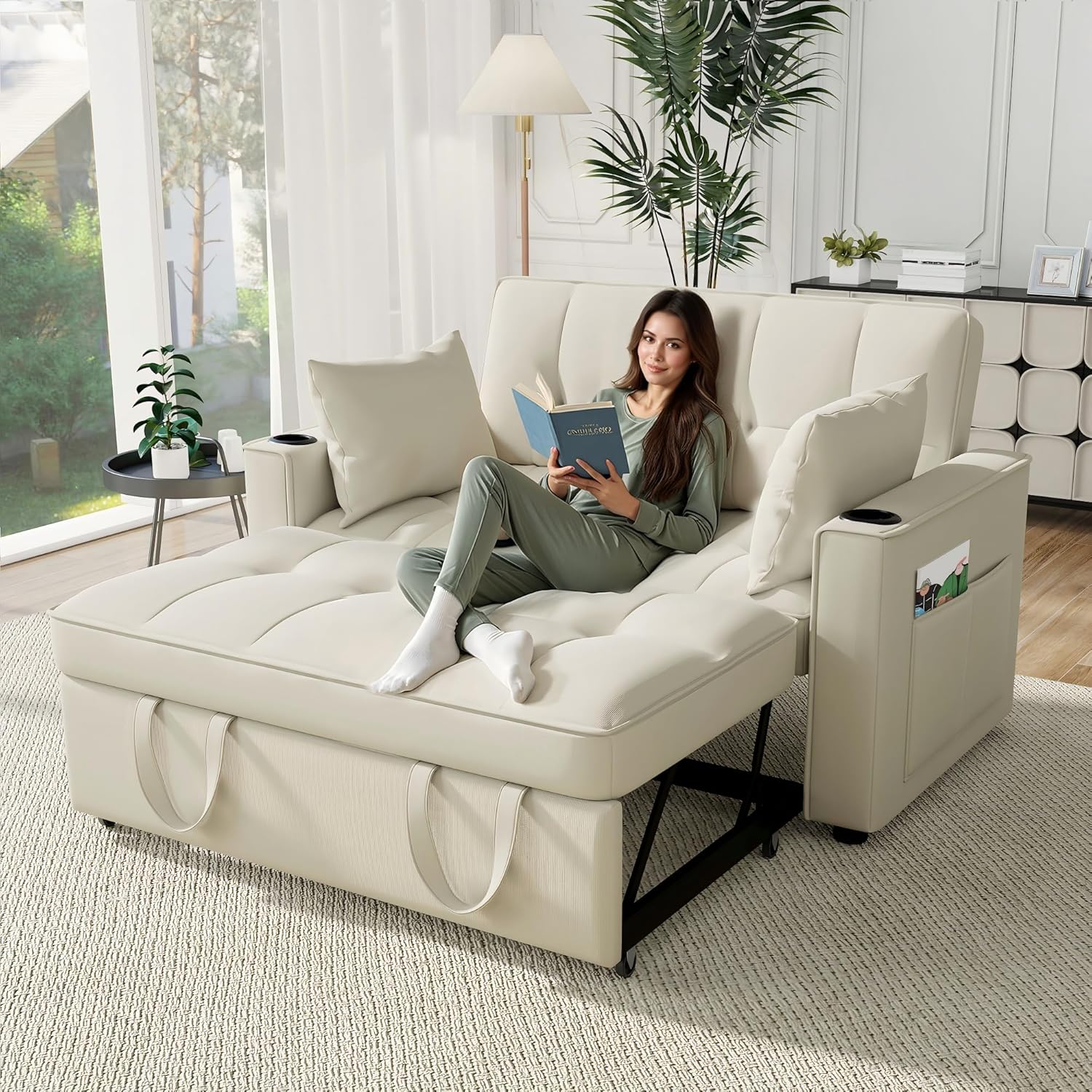 Merax Schlafsofa 2-Sitzer Sofa mit Schlaffunktion, Klappbares 3-in-1 Schlafcouch mit Verstellbarer Rückenlehne, Getränkehalter und Armlehnentaschen, aus Samt, Beige 137 x 76.5 x 83 cm