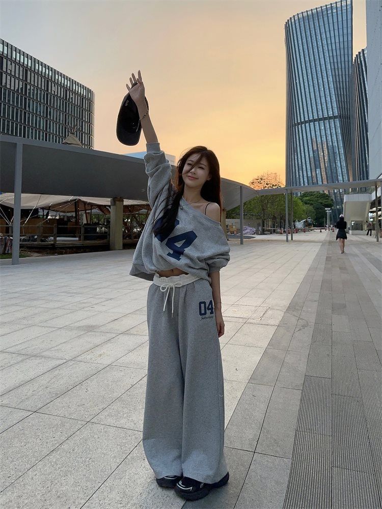 satierra - Off Shoulder Numbering Pullover / High Waist Wide Leg Sweatpants