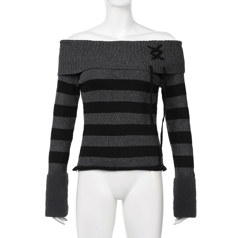 Trisica - Gestreepte trui met vetersluiting en off-shouldermotief