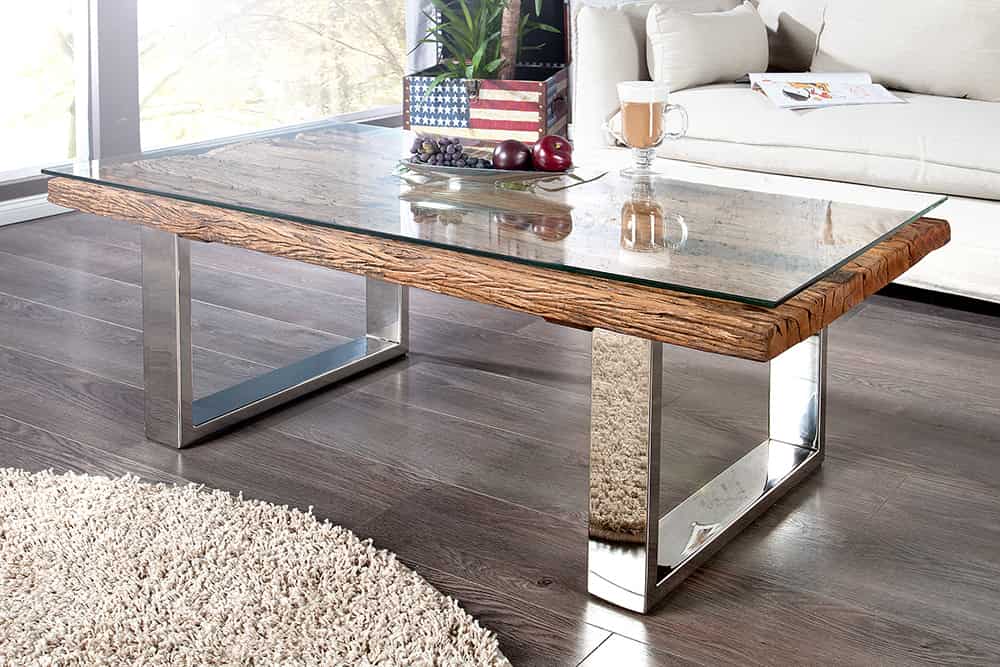 Eindrucksvoller Couchtisch BARRACUDA 110cm antik Teakholz mit Kufengestell und Glas