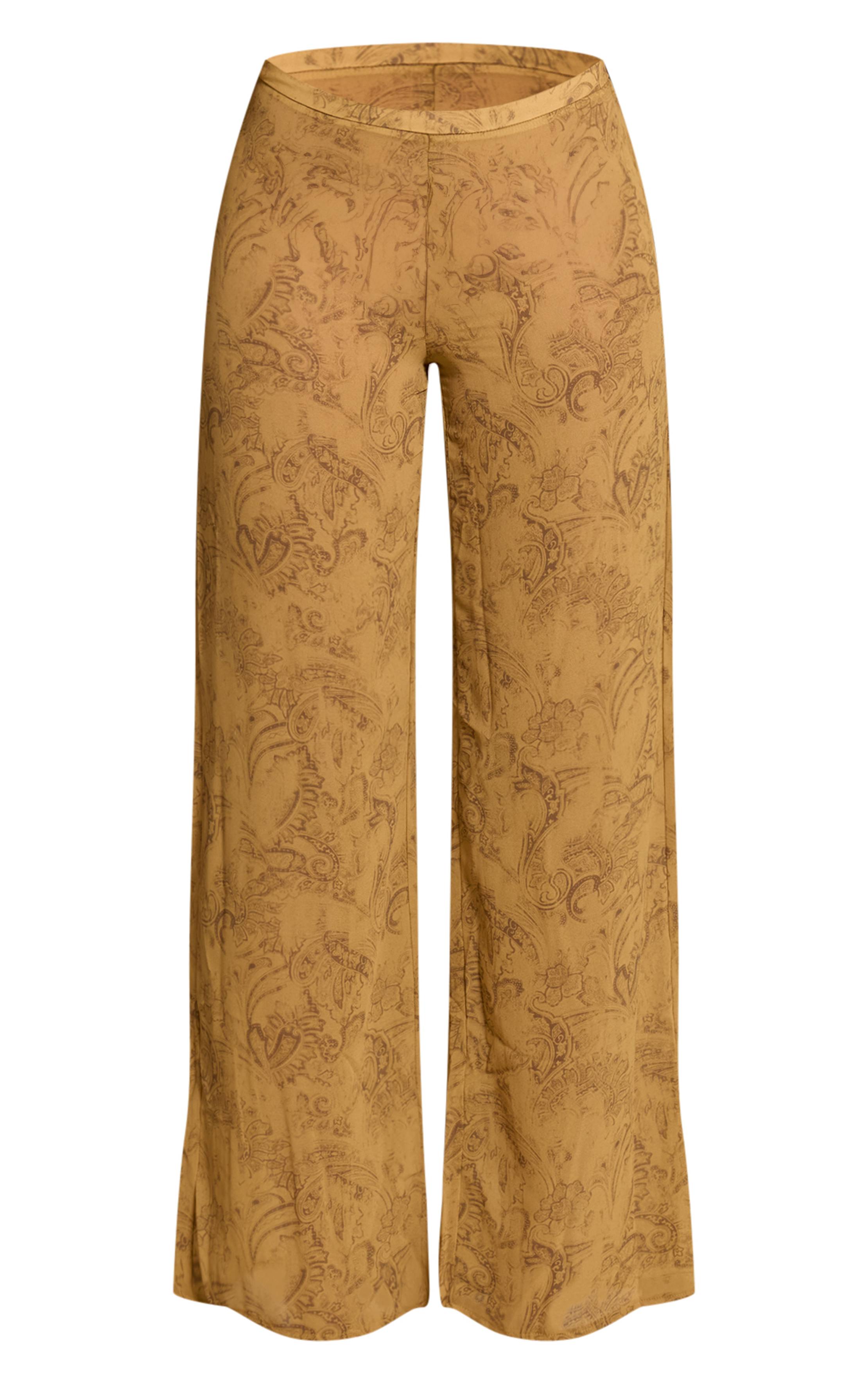 Chartreuse Pantalon Droit En Mousseline À Imprimé Abstrait Taille Haute Coordonné