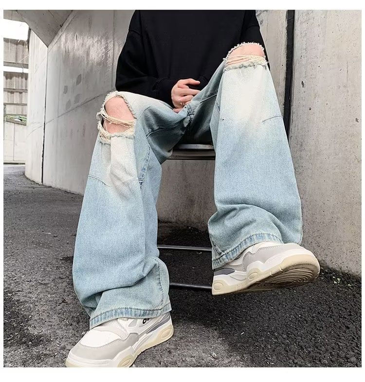 Kenning - Mid Rise Washed Distressed Wide Leg Jeans