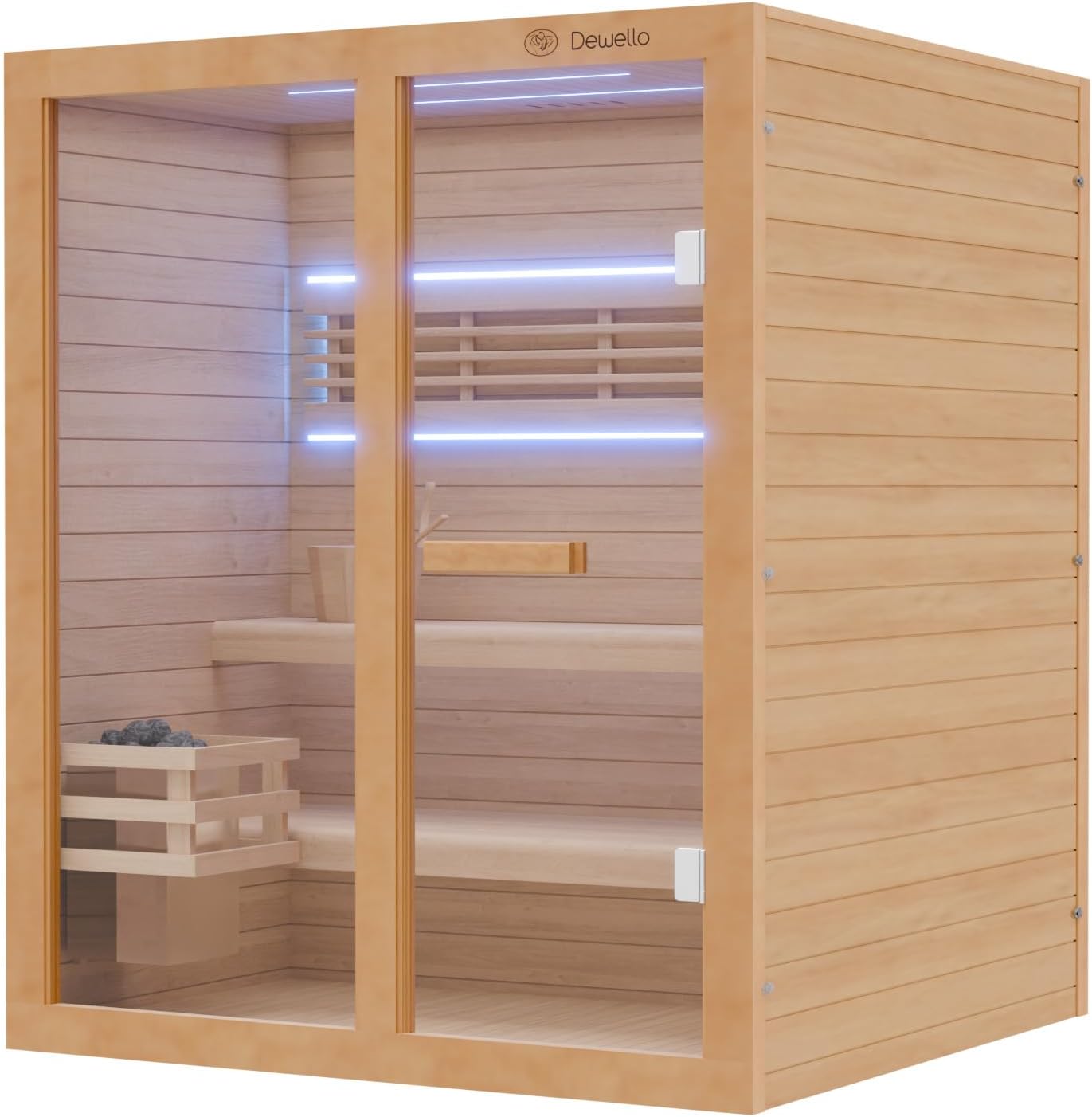 Dewello® Finnische Sauna Tofino 160x150 Kabine aus Hemlock Tannenholz mit 4,5KW HARVIA Ofen 2-3 Personen inkl. Sauna Zubehör